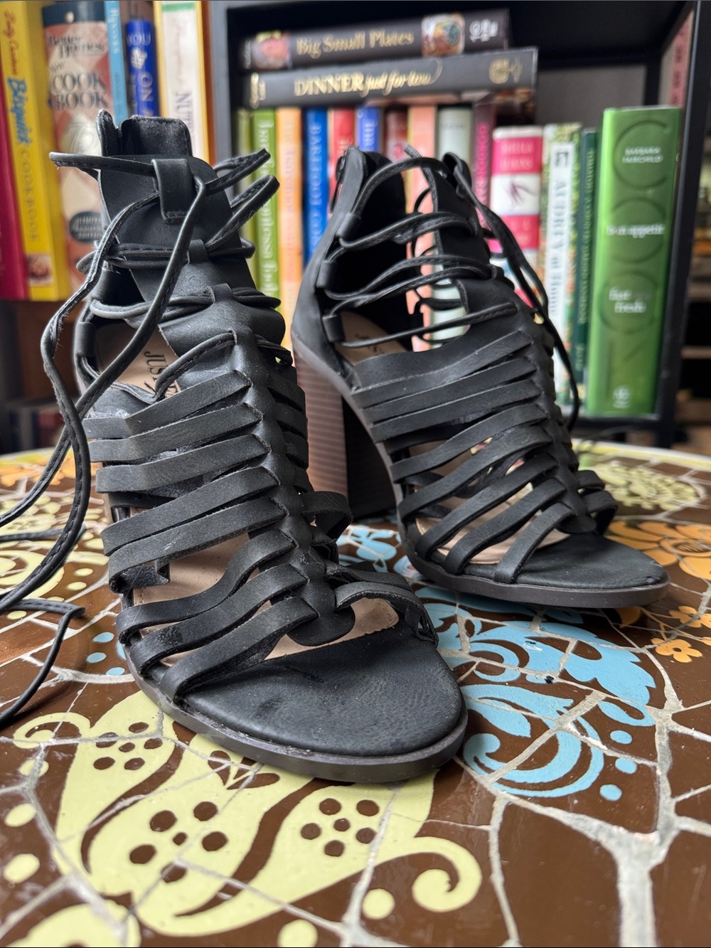 JUST FAB IZAELIA Strappy Lace-Up Black Women's Heeled Sandals SZ: 7